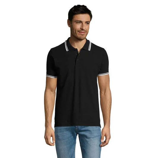 Tricou polo barbati pasadena 200 negru cu garnituri albe si bleumarin la guler si maneci