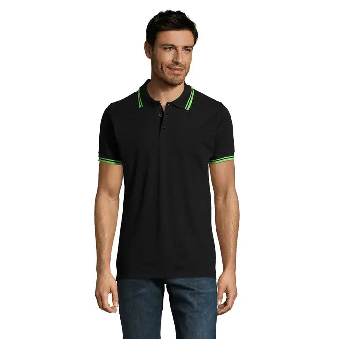 Polo barbati pasadena 200 negru cu garnituri verzi neon la guler si maneci din material usor si confortabil