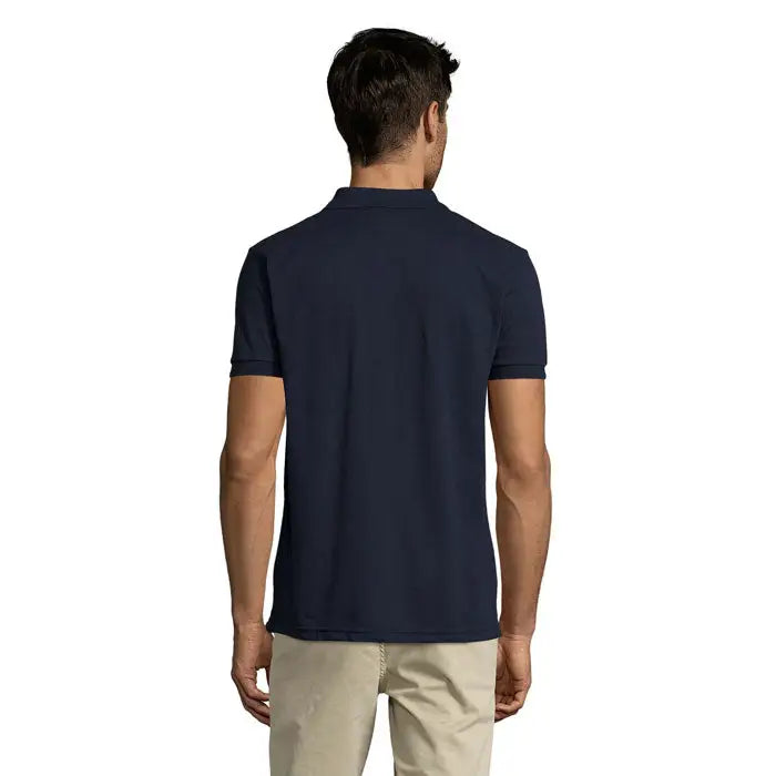 Navy blue short-sleeved polo shirt with classic collar and ribbed cuffs made from policotton fabric