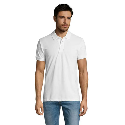 Tricou polo alb cu mâneci scurte, guler clasic și nasturi, poartă barbati, din policoton