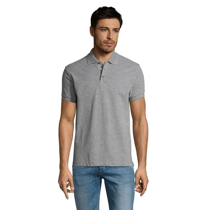 Tricou polo barbati prime din policoton gri texturat cu guler clasic si nasturi la piept