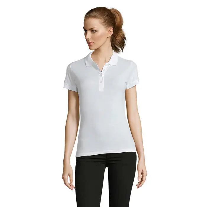 Tricou polo dama passion 170 alb cu mâneci scurte, guler clasic și fenta cu nasturi din material confortabil