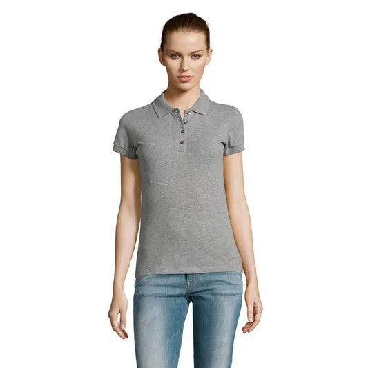 Tricou polo damă heather gri cu mânecă scurtă, guler clasic și buzunar cu nasturi polo dama passion 170