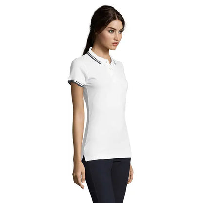 Tricou polo femei pasadena 200 alb cu garnituri dungi bleumarin si albe la guler si maneci