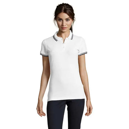 Tricou polo femei pasadena 200 alb cu garnitură bleumarin pe guler și manșete din material premium