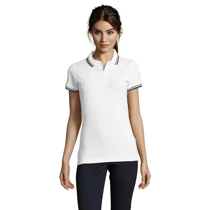 Polo femei pasadena 200 alb cu tricou polo cu mânecă scurtă și tiv bleumarin la guler și manșete