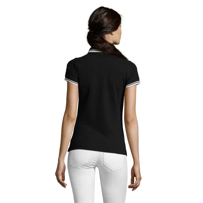 Tricou polo feminin pasadena 200 negru cu maneci scurte si tiv alb la guler si maneci