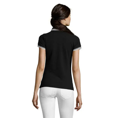 Tricou polo feminin pasadena 200 negru cu maneci scurte si tiv alb la guler si maneci