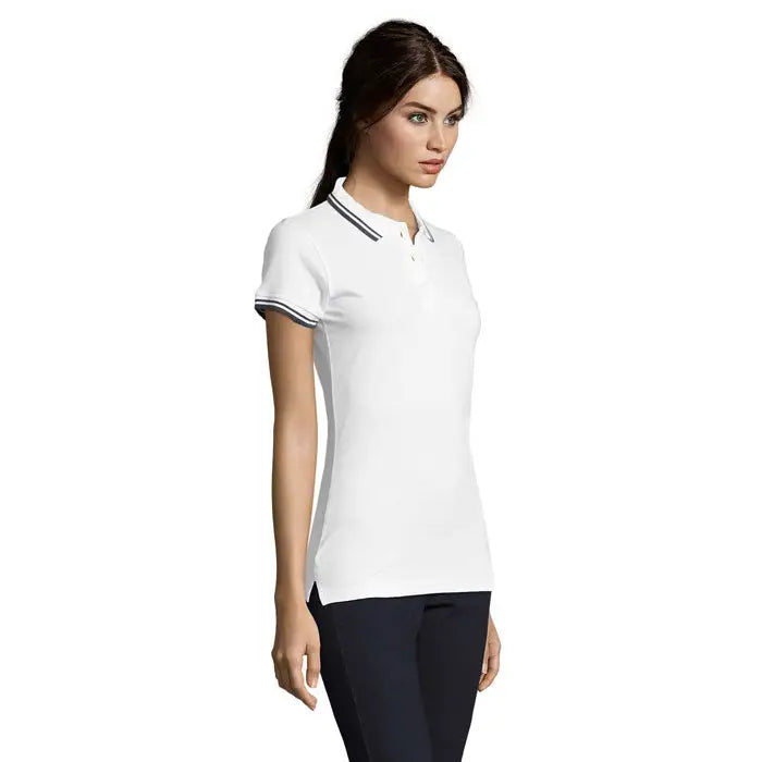 Polo femei pasadena 200 alb cu guler si maneci dungi navy blue si alb, ideal pentru tinute casual