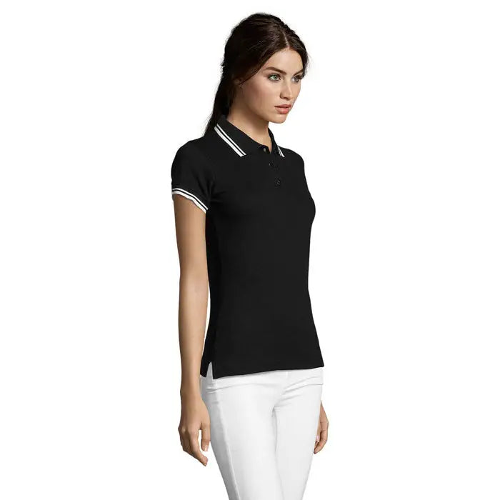 Polo femei pasadena 200 negru cu tiv alb pe guler si maneci din material polo pentru tinute casual