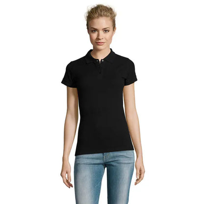 Tricou polo femeie negru cu mâneci scurte, guler clasic și nasturi, model perfect pentru ținute casual