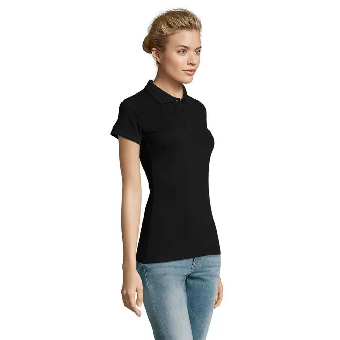 Tricou polo perfect femeie 180 negru cu mâneci scurte și guler clasic din material confortabil