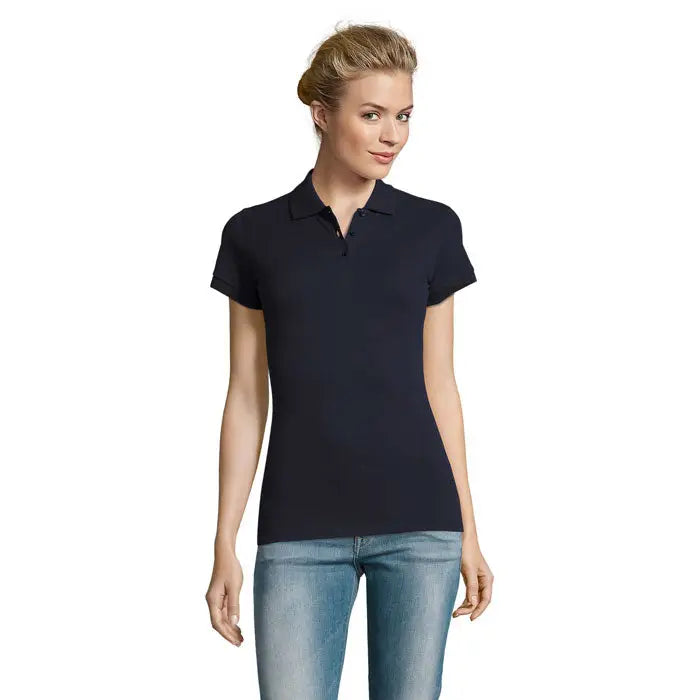 Tricou polo perfect femeie 180 albastru închis cu mâneci scurte și guler clasic din material confortabil