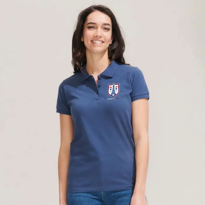 Bluză polo femei navy blue cu logo brodat scut roșu alb albastru pe piept model polo perfect femeie 180