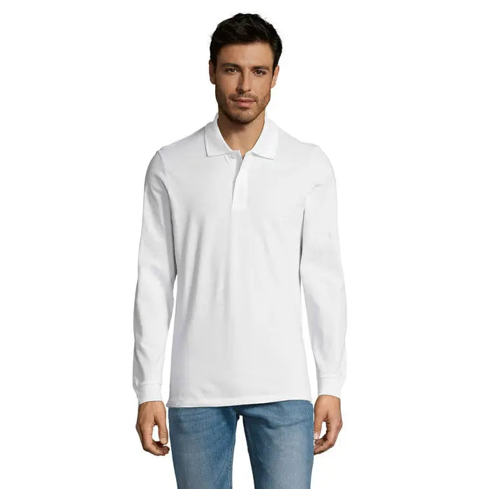 Tricou polo alb cu mâneci lungi barbati 180 cu guler clasic și nasturi placket
