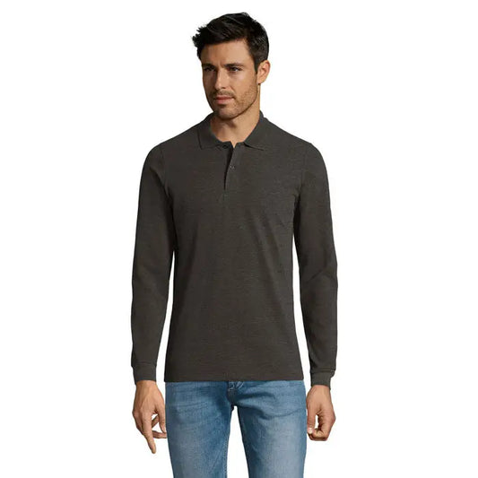 Bluza polo lungă cu mâneci lungi barbati 180 gri închis cu textură subtilă și guler clasic