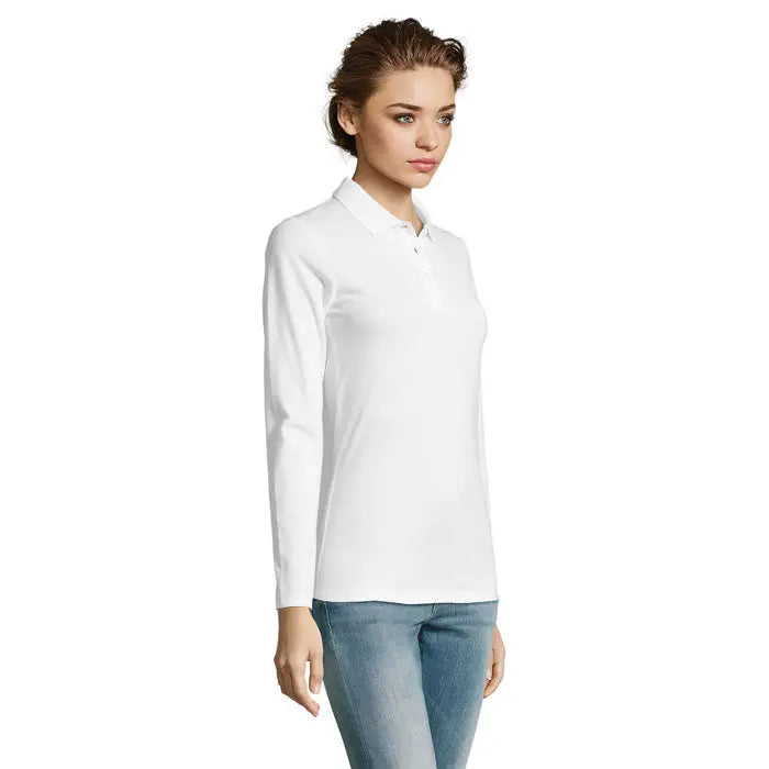 Tricou polo alb cu mâneci lungi ls perfect feme, guler clasic și nasturi pe piept ideal pentru ocazii casual