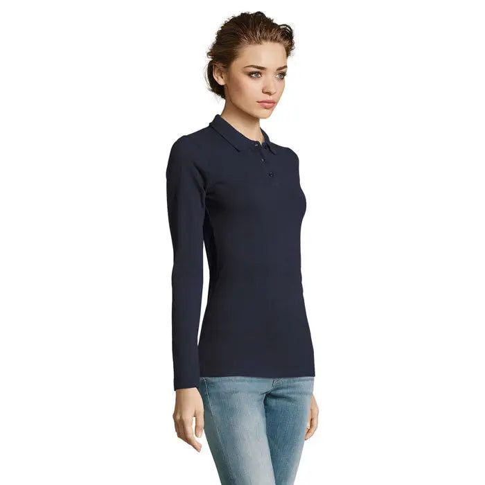 Navy blue long-sleeved polo shirt with classic collar and three-button placket polo perfect lsl feme 180