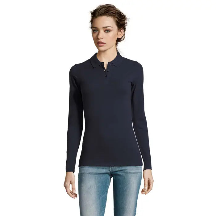 Polo navy blue cu mâneci lungi, guler clasic și nasturi trei, model perfect pentru femei