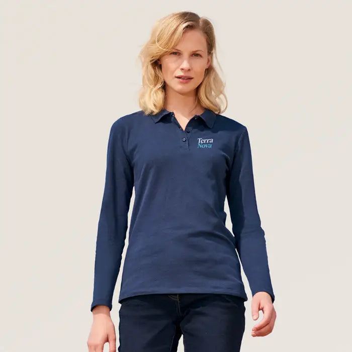 Polo navy albastru cu mâneci lungi terra nova brodat în culoarea teal pe piept model femei polo perfect lsl feme 180
