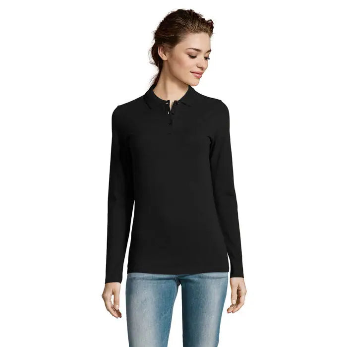 Polo negru cu mâneci lungi, guler clasic și nasturi, model femei poilu perfect lsl feme 180