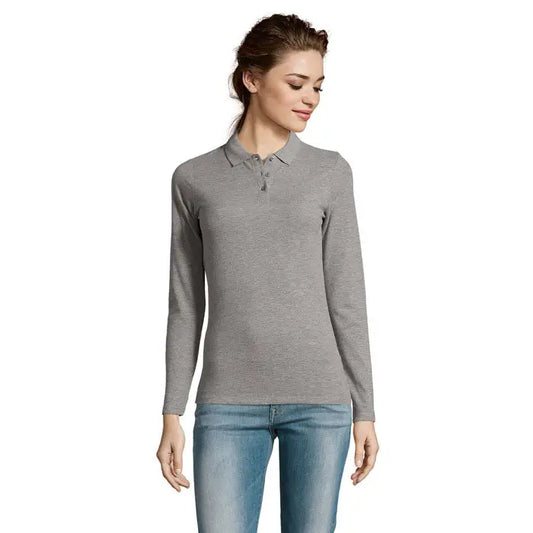 Polo perfect lsl feme 180 bluza polo gri cu maneci lungi si guler cu nasturi din tricot texturat subtil