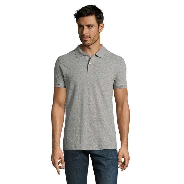 Polo perfect men 180g bărbați cămașă polo gri melanj cu mâneci scurte, guler clasic și nasturi pe piept