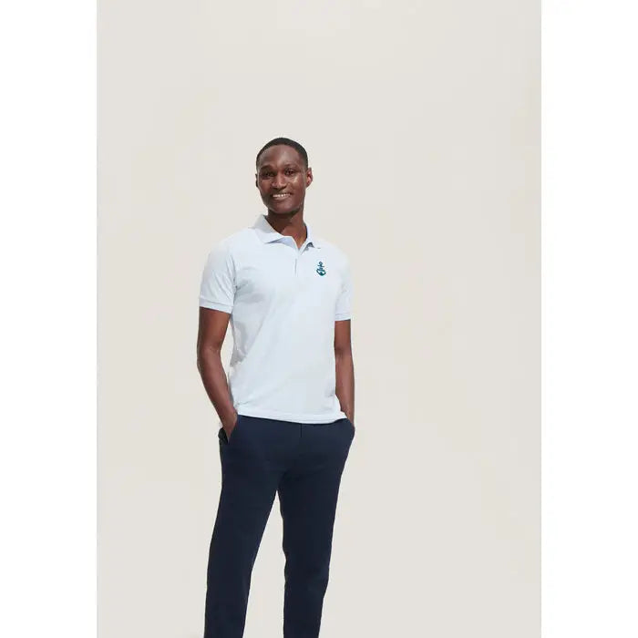 Polo perfect men 180g tricou polo alb cu maneci scurte si logo ancoră albastru-verzui pe piept