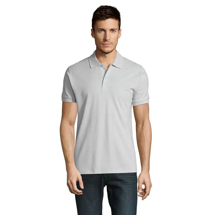 Tricou polo perfect men 180g din bumbac piqué gri deschis cu guler clasic si maneci scurte