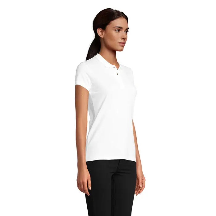 Tricou polo alb de dama polo planet 170g cu maneci scurte si guler clasic cu nasturi