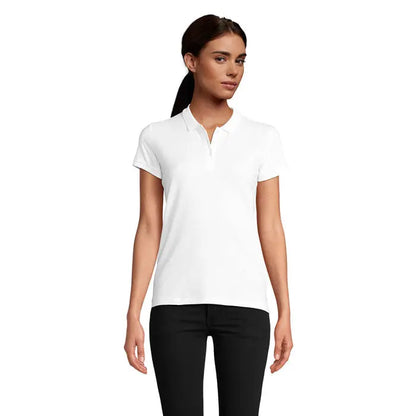 Tricou polo alb femei planet cu mâneci scurte guler clasic și cusături fine din bumbac 170g