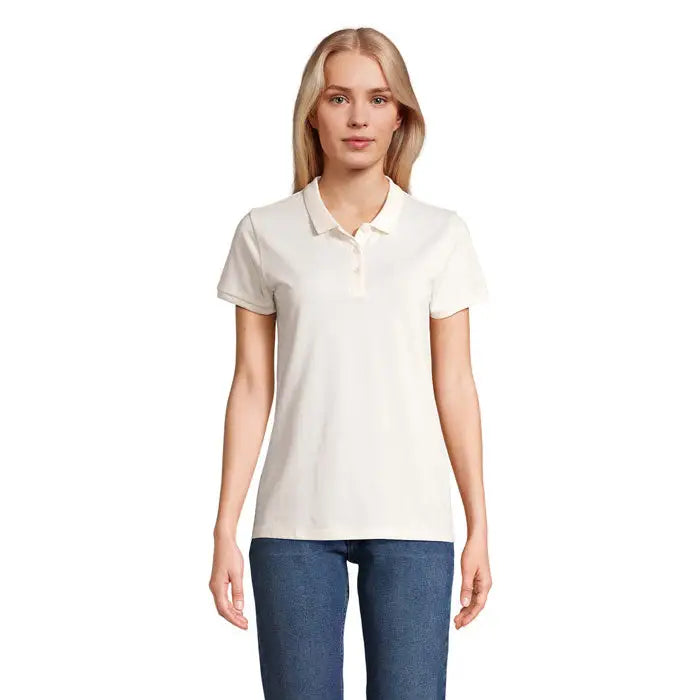 Tricou polo pentru femei cream cu mâneci scurte, guler clasic și nasturi, colecția Polo PLANET 170g