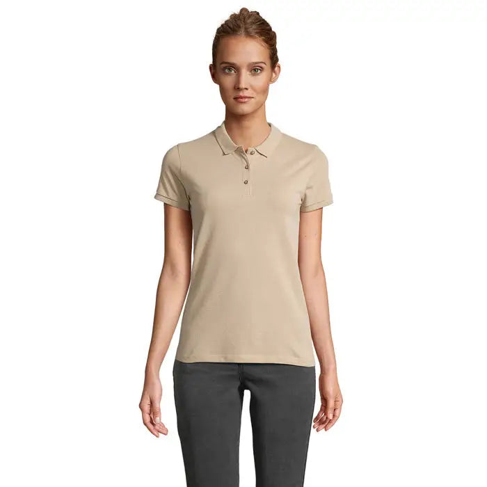 Tricou polo bej cu mânecă scurtă, guler clasic și nasturi, din bumbac 170g pentru femei