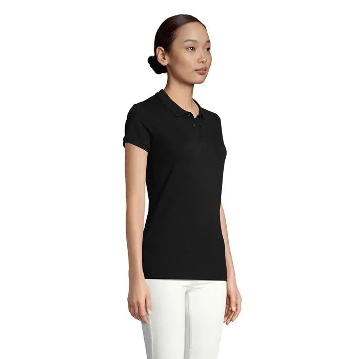 Tricou polo negru pentru femei planet cu maneci scurte guler clasic si nasturi din bumbac 170g