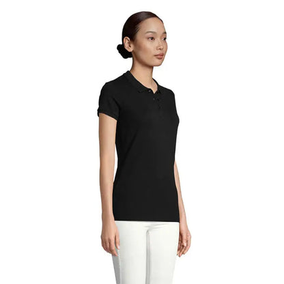 Tricou polo negru pentru femei planet cu maneci scurte guler clasic si nasturi din bumbac 170g