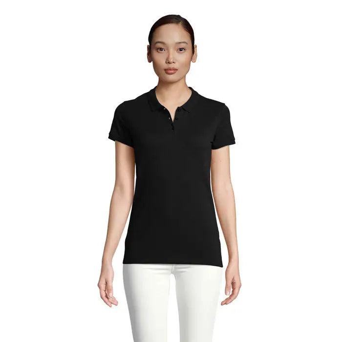 Tricou polo planet women negru mânecă scurtă material 170g cu guler clasic și nasturi pe piept