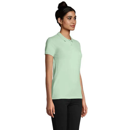 Tricou polo femei mint green cu mânecă scurtă, guler clasic și logo subtil, material 170g