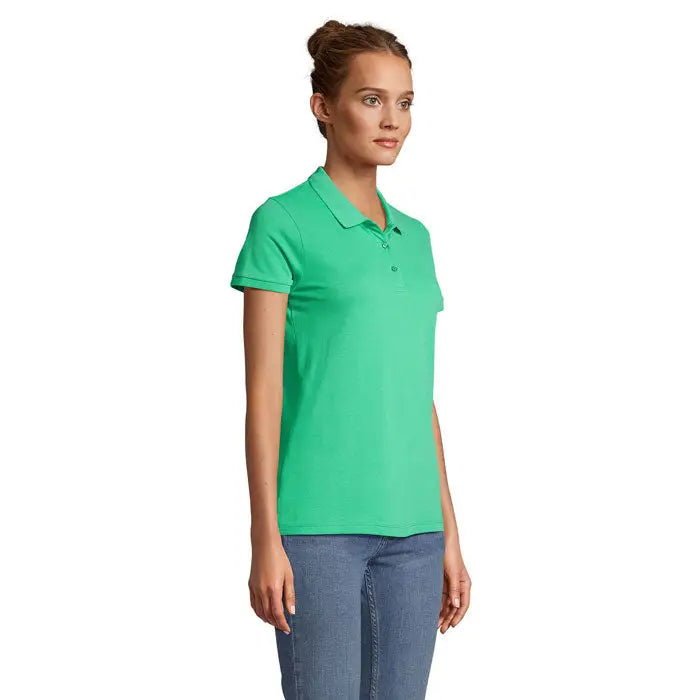 Tricou polo planet women 170g verde vibrant cu mâneci scurte, guler clasic și nasturi din material ușor