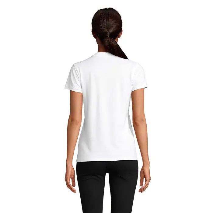 Tricou alb polo planet women 170g cu mâneci scurte și guler simplu rotund din material ușor