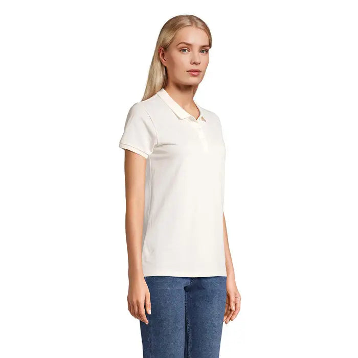 Tricou polo alb murdar cu mâneci scurte, guler clasic și fenta cu nasturi din bumbac 170g pentru femei