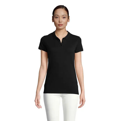 Tricou polo negru pentru femei planete 170g cu mâneci scurte și guler clasic din bumbac