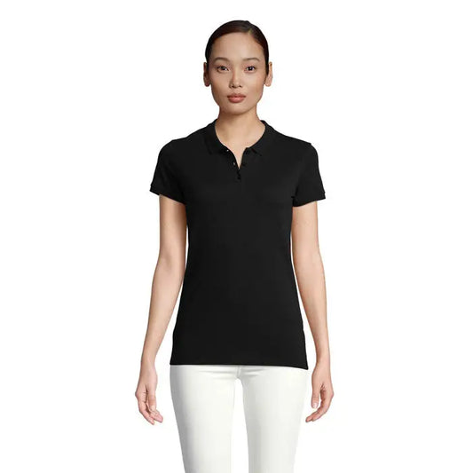 Tricou polo negru pentru femei planete 170g cu mâneci scurte și guler clasic din bumbac