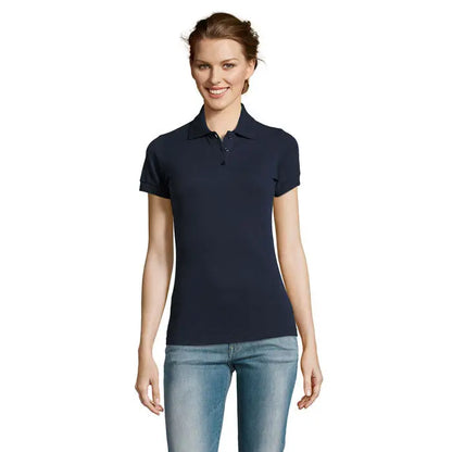 Polo prime femeni din policoton albastru navy cu mâneci scurte guler clasic și capse frontale