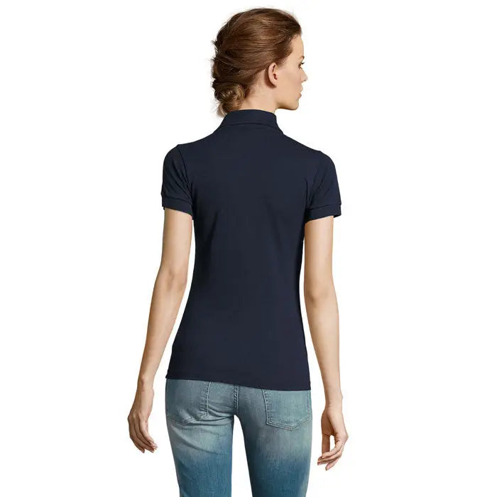Polo prime femeni din policoton albastru navy cu maneci scurte, guler clasic si mansete reiate