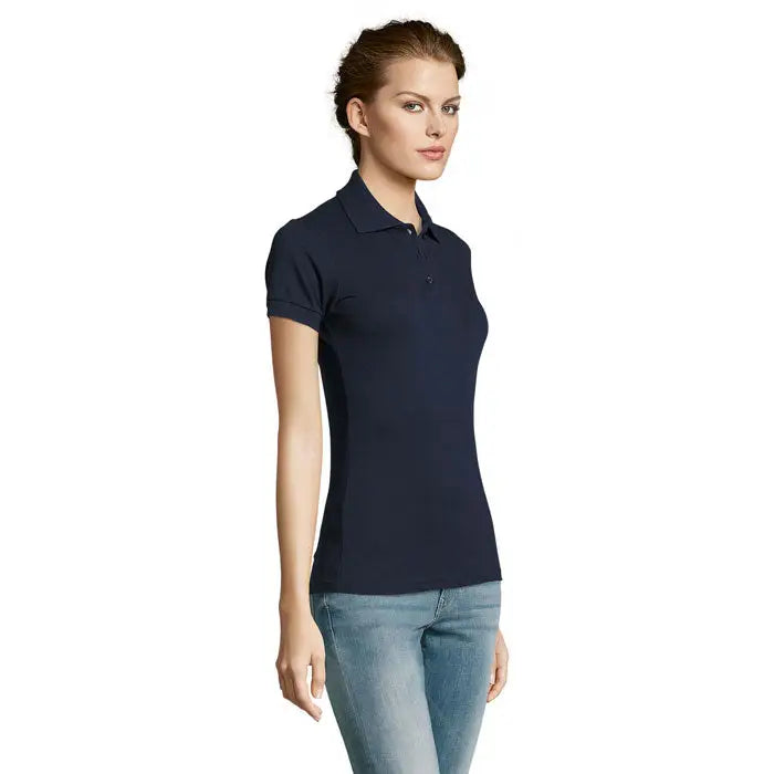 Navy blue polo prime femeni din policoton cu mâneci scurte, guler clasic și nasturi în față