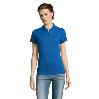 Polo prime femeni din policoton albastru regal vibrant cu maneci scurte guler clasic si nasturi