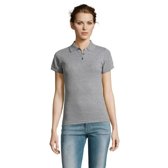 Polo prime femeni din policoton heather gri cu maneci scurte, guler clasic si fenta cu nasturi