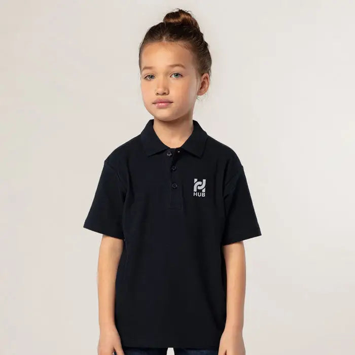 Tricou polo negru pentru copii cu logo alb brodat pe piept din material de 170g polo summer ii kids