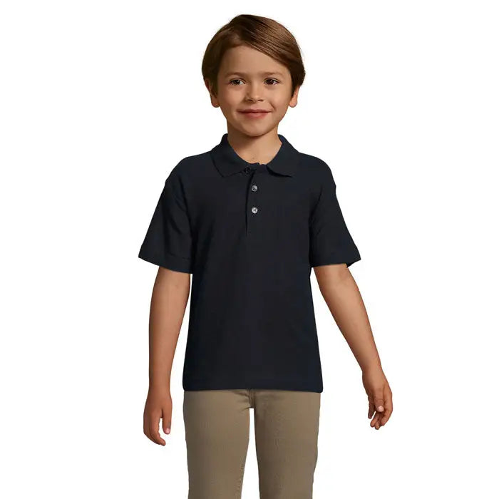 Tricou polo albastru navy cu mâneci scurte, guler și două nasturi din bumbac 170g pentru copii vara