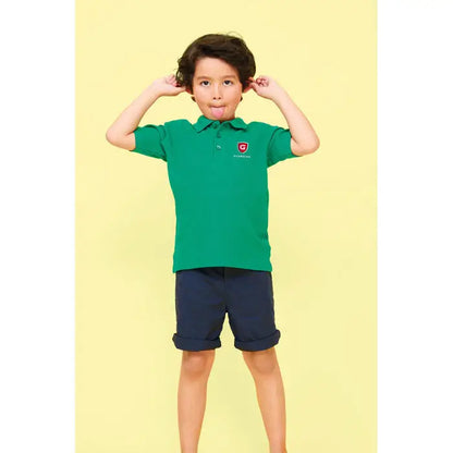 Tricou polo verde pentru copii cu logo rosu tip scut pe piept din bumbac 170g polo summer ii kids
